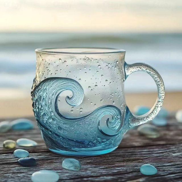  Tazza in vetro con onde marine, tazza da caffè in vetro con onde oceaniche fatta a mano da 12 once, tazze da caffè con onde oceaniche e manico isolato, tazza da tè con texture creativa con onde