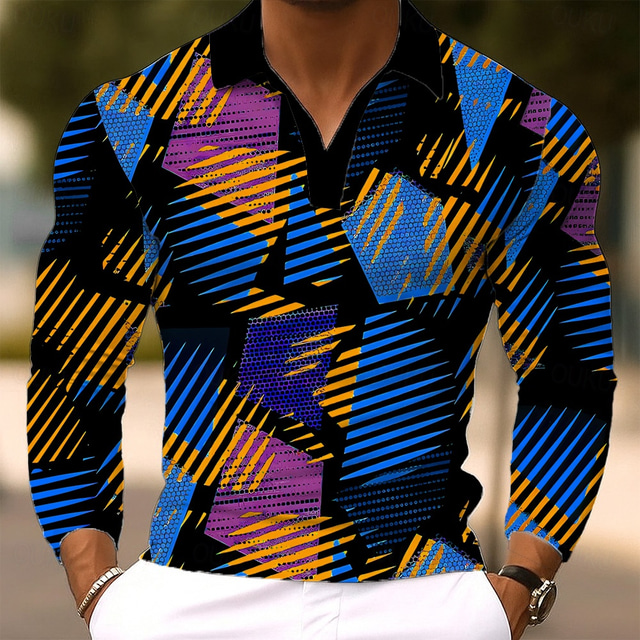  Men's Geometic Polo Long Sleeve Polo Shirts Lapel Casual Outdoor Athleisure Daily Wear 3D Print Buttons Spring Fall Winter Yellow Blue Green