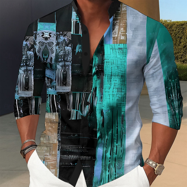  Men's Geometric Color Block Patchwork Shirt Stand Collar Shirt Long Sleeve Vintage Retro Dailywear Holiday Spring Fall Mandarin Collar Band Collar 3D Print Button Up Shirts Red Blue Green