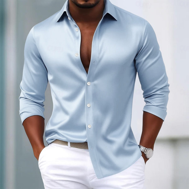  Homens Camisa Social Blusa de cetim Saia Camisa casual camisa de botão Camisa de formatura Tecido Formal Casamento Azul Claro Preto Branco Vinho Manga Longa Lapela Todas as Estações Roupa