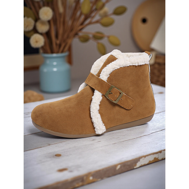 Women's Brown Faux Suede Ankle Boots with Shearling Lining and Buckle Strap – Warm Winter Casual Shoes for Winter Outdoor and Casual Wear