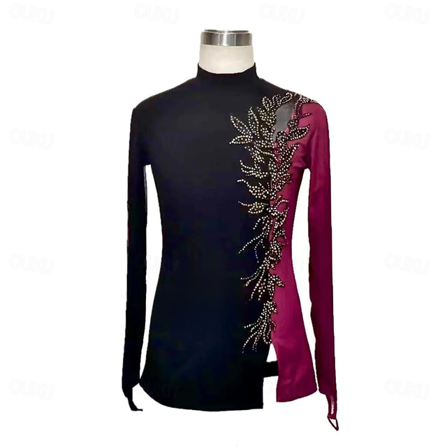  Figure Skating Top Men's Boys' Ice Skating Tops Black Patchwork Spandex High Elasticity Training Competition Skating Wear Classic Crystal / Rhinestone Long Sleeve Ice Skating Figure Skating