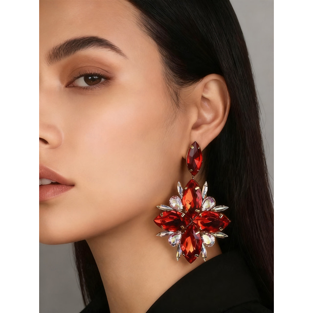  Women's Red Crystal Statement Earrings - Sparkling Christmas Jewelry Accessories for Holiday Parties and Festive Outfits