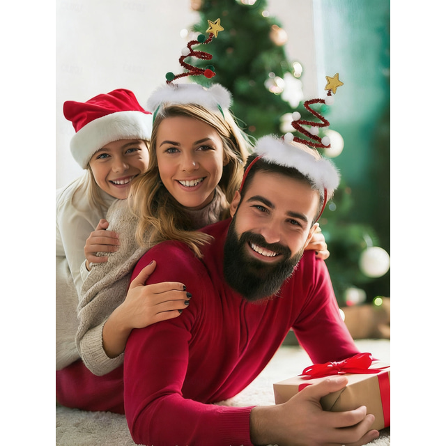  Women's Christmas Tree Headband with Pom Poms and Star Topper, Fun Holiday Hair Accessory for Christmas Parties & Festive Celebrations
