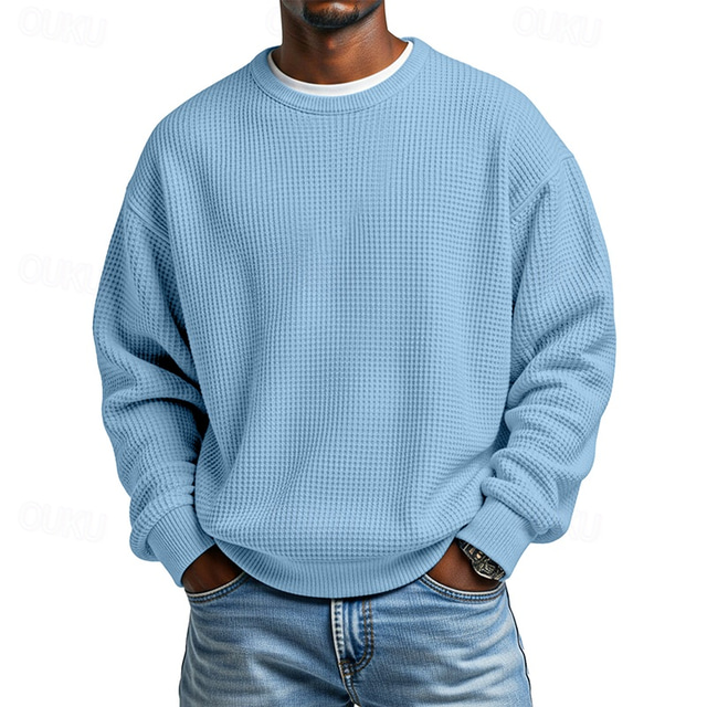  Men's Sweatshirt Waffle Sweatshirt Pullover Apricot Black White Light Green Red Crew Neck Plain Textured Casual Daily Sports & Outdoor Polyester Streetwear Cool Sportswear Spring &  Fall Clothing