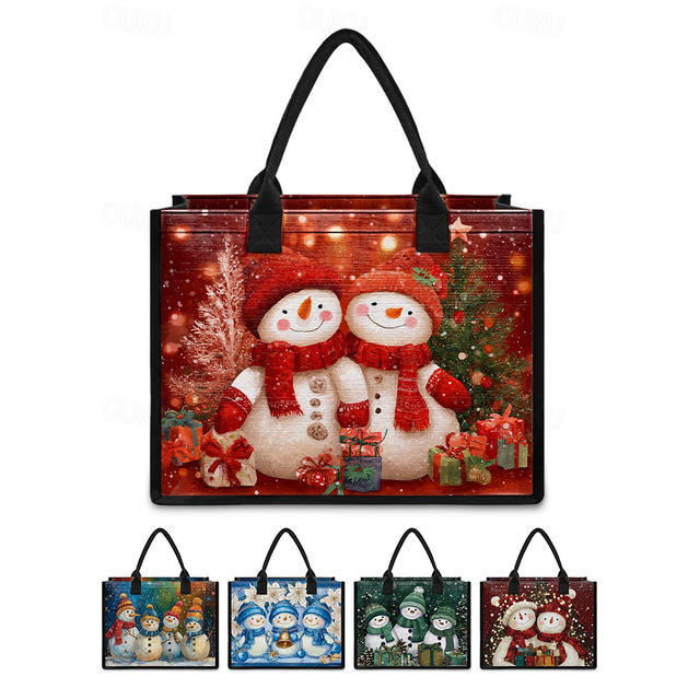  Women's Christmas Snowman Print Tote Bag, Large Capacity Canvas Shoulder Bag, Winter Holiday Gift Shopping Handbag for Women