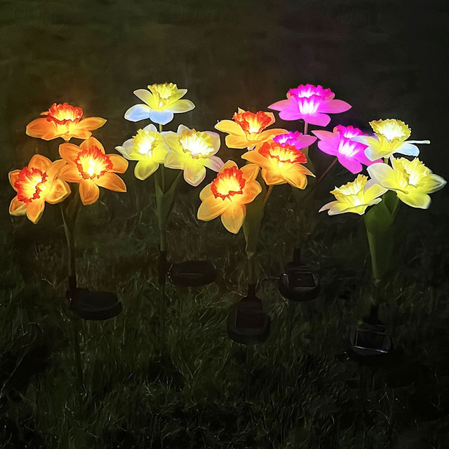  Solarleuchten, 3-köpfige Narzissenblüten-Solarleuchten, Landschaftsleuchten, solarbetriebene LED-Gartenleuchten für den Außenbereich, wasserdichte Blumenleuchten, Landschaftspfahlleuchten für Hof,