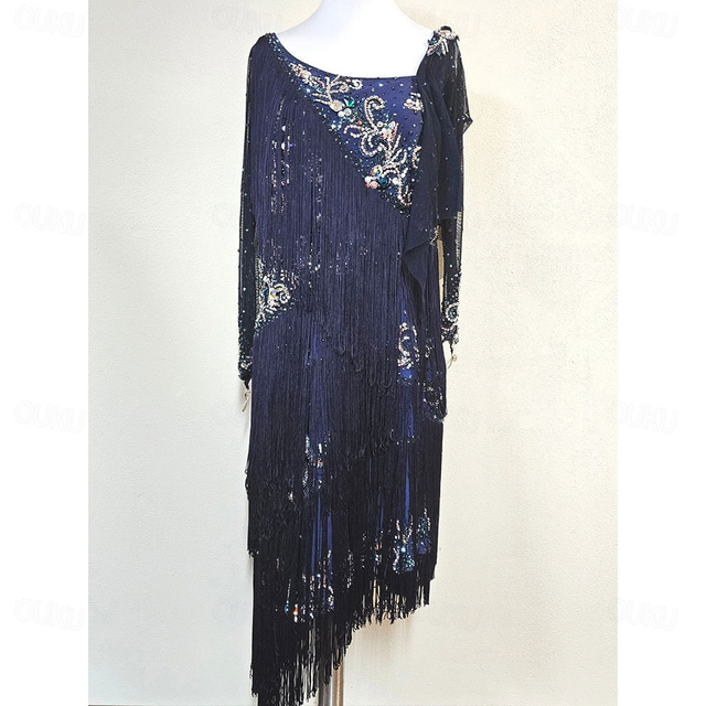  Women's Latin Dance Dress Navy Blue Fringe Beaded Embroidery Asymmetric Long Sleeve Jazz Rumba Performance Costume