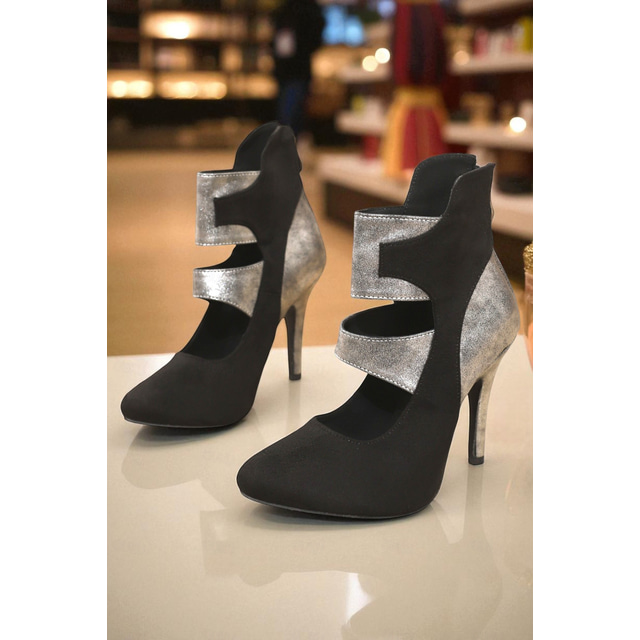  Women's Black and Silver High Heel Ankle Strap Dance Shoes - Suede and Metallic Stiletto Pumps for Professional Ballroom & Party Performances