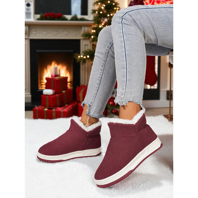  Women's Burgundy Cozy Slip-On Winter Boots - Soft Knit Upper, Warm Lining, Casual & Comfy Footwear for Christmas, Cold Weather and Indoor Lounging