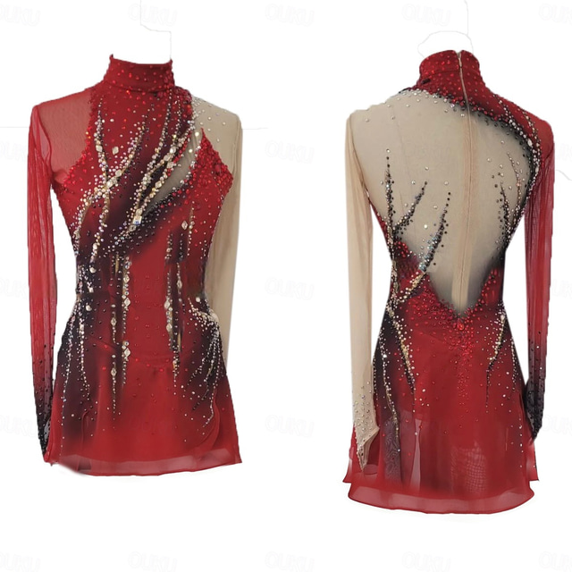  Figure Skating Dress Women's Girls' Ice Skating Dress Black+Red Thumbhole Halo Dyeing High Elasticity Professional Competition Skating Wear Thermal Warm Crystal / Rhinestone Long Sleeve Ice Skating