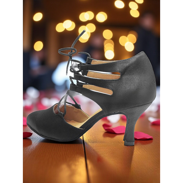  Women's Black Satin Lace-Up Ballroom Dance Shoes - Strappy Closed Toe High Heel Pumps for Professional Party & Dance Performances