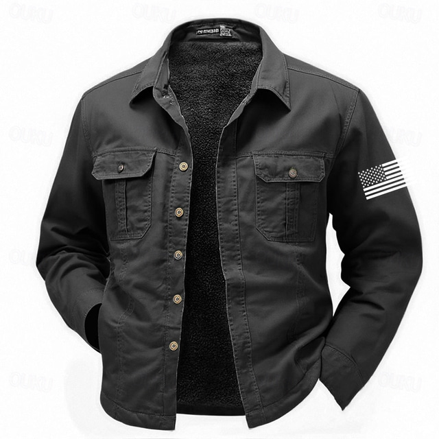  Men's US Flag Patriotic Western Shirt Cargo Shirt Cowboy Shirt Long Sleeve Military Outdoor Casual WorkWear Fall Winter Turndown Fleece Lined Cotton Button Up Shirts Black Army Green Khaki