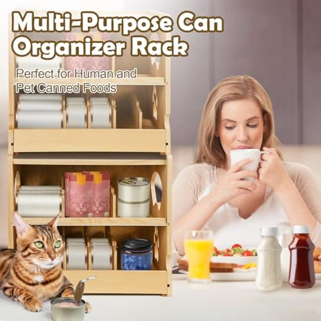  Caja de almacenamiento para contenedores de comida para gatos, ideal para trasteros, contenedor de madera apilable de 2 niveles, apto para refrigeradores, armarios y cocinas, con capacidad para hasta