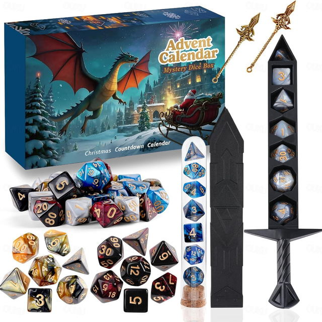  kalendarz adwentowy na Boże Narodzenie 2025, zestaw kostek do gry Mystery DND, kalendarz adwentowy na wakacje 24 dni, niespodzianka &prezenty, odpowiednie do gier RPG Dungeons and Dragons, MTG, gier