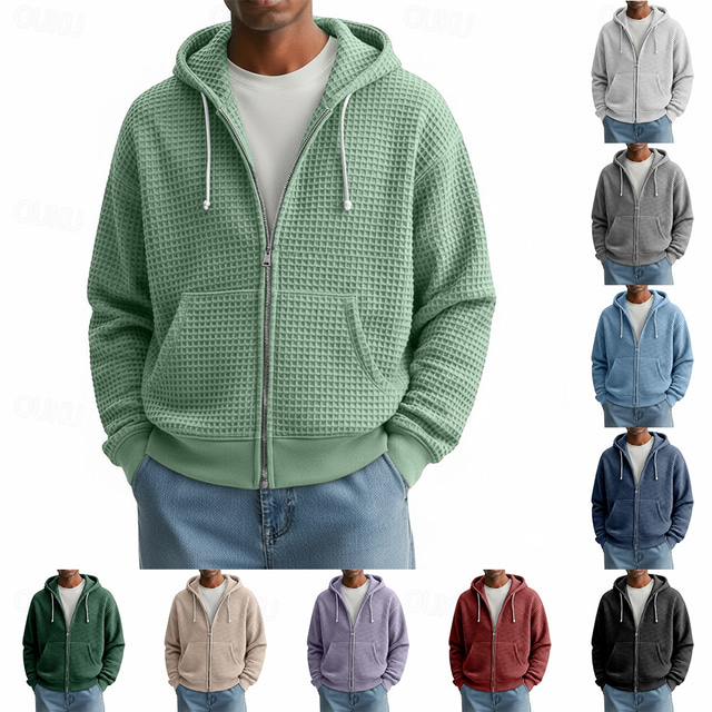  Homme Sweat à capuche Sweat à capuche zippé intégral Sweat à capuche gaufré Gris Clair À capuche Uni Fermeture éclair Texturé Occasionnel Quotidien Sport & Loisir Polyester Streetwear Frais Vêtements