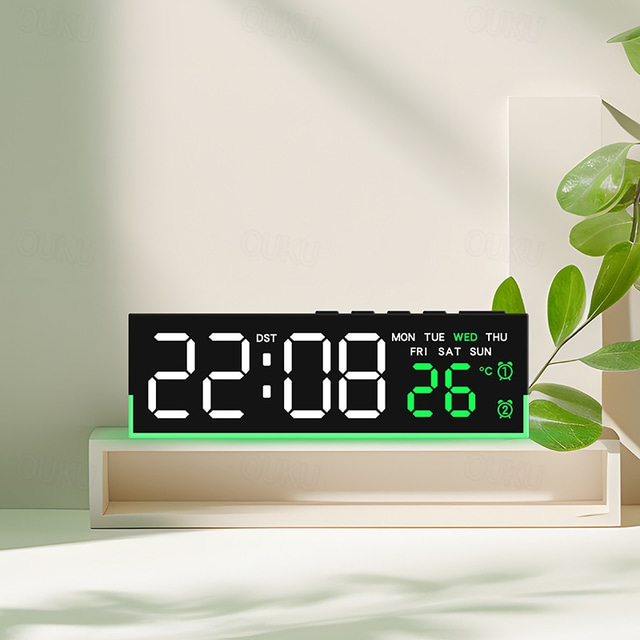  ساعة منبه رقمية حديثة بتقنية LED مزودة بمنبهين &إضاءة سفلية ناعمة، تعرض الوقت والتاريخ واليوم ودرجة الحرارة، سطوع تلقائي/يدوي بثلاثة مستويات، ساعة مكتبية تعمل بالبطارية