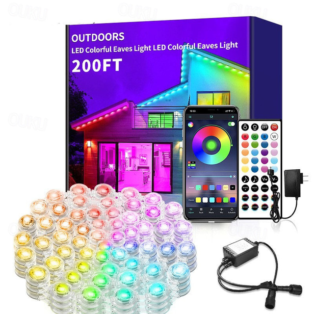  Lumină permanentă pentru exterior, lumini inteligente RGB pentru streașină cu aplicație și telecomandă, sincronizare muzicală temporizată, lumină LED pentru streașină impermeabilă IP67, potrivită pentru petrecere, Halloween, Crăciun, acoperiș, grădină