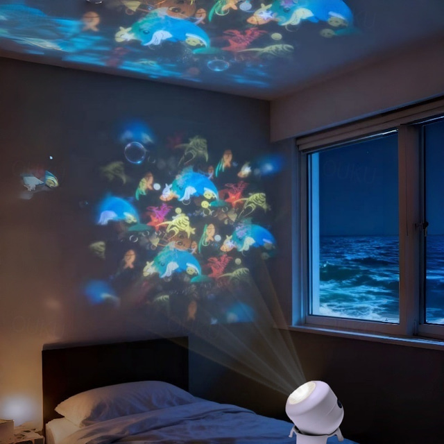  Projecteur LED rotatif dynamique, veilleuse océanique rechargeable USB, rotation à 360°, avec motifs dynamiques flocons de neige, océan et Noël, pour chambre, salle de bain ou couloir.