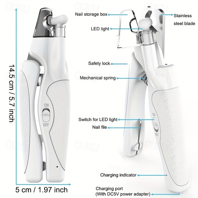  Unghiere profesionale ușoare pentru câini, pilă cu încărcare USB, mâner ergonomic sigur, tuns unghii pentru animale de companie, foarfece de îngrijire