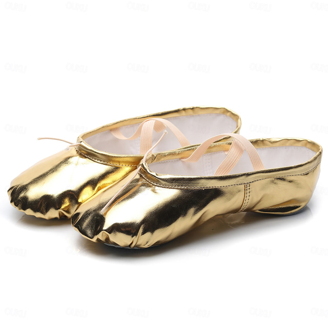  Bailarinas doradas para niñas con tiras elásticas: zapatos de baile de piel suave para clases y actuaciones de ballet