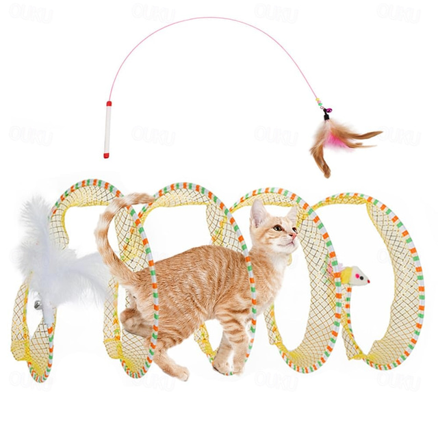  Tunnel a molla per gatti, tunnel a spirale pieghevole per il gioco autonomo con giocattoli a forma di topo e piume per gattini, conigli e cuccioli da interno.