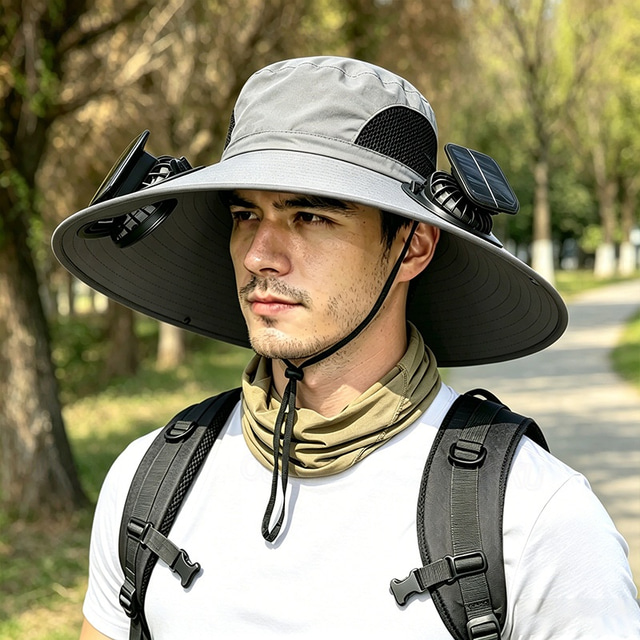  Chapéu de sol de aba larga para atividades ao ar livre com 2 ventiladores solares, estilo balde, para homens e mulheres, proteção solar UPF 50+ para pesca. &Chapéu de praia com ventilador embutido
