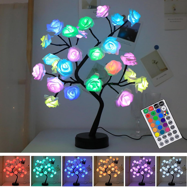  ruusukukkapuulamppu, väriä vaihtava monivärinen led-pöytävalaisin kaukosäätimellä, keinotekoinen bonsai-kukkavalo 250-vuotisen itsenäisyyspäivän juhlintaan, isänmaallinen 4. heinäkuuta, muistopäivä