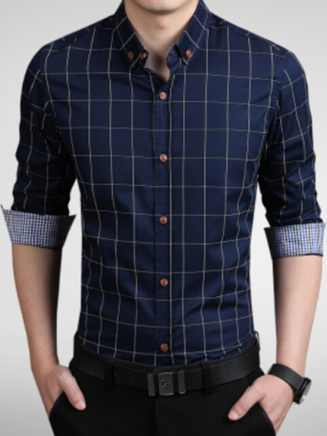  Men's Shirt Dress Shirt Plaid Plus Size Collar Button Down Collar Daily Work Print Long Sleeve Tops Business Wine White Gray