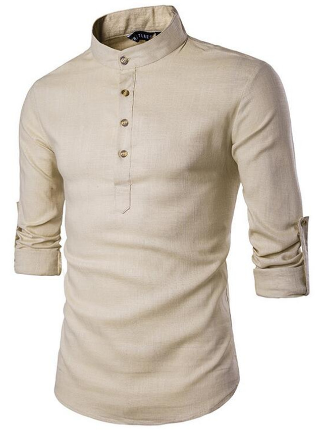  قميص رجالي بياقة ملونة وياقة ثابتة كاجوال يومية أساسية بأكمام طويلة ملابس علوية من القطن أنيق غير رسمي أبيض أسود كاكي صيفي مريح
