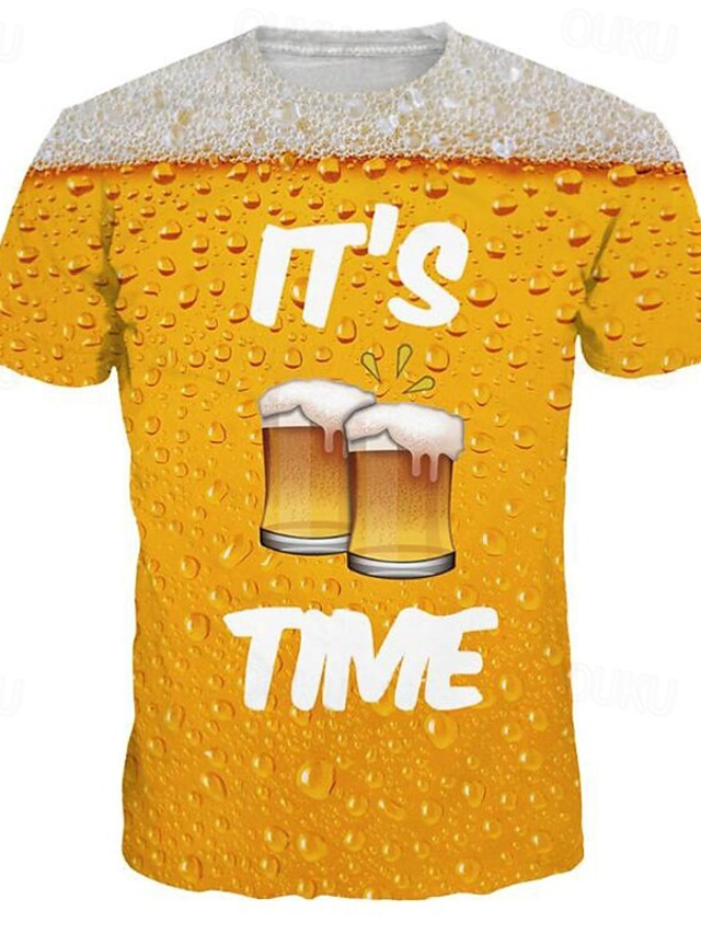  Men's Graphic Beer Shirt T shirt Short Sleeve T shirt Round Neck Shirt Exaggerated Basic Daily Weekend Yellow Summer Clothing Apparel Plus Size S M L XL XXL 3XL