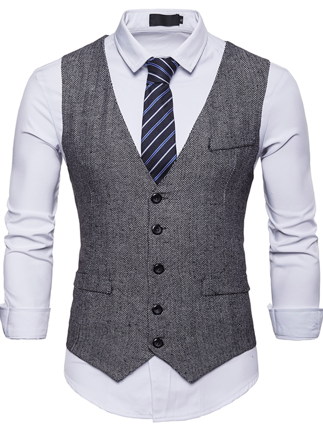 Men's Vest Party Work Basic Polka Dot Slim Polyester Men's Suit Gray / Khaki / Black - V Neck / Short Sleeve / Business Casual