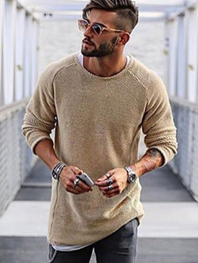  Men's Sweater Pullover Knit Regular Solid Colored Crew Neck Sweaters Daily Raglan Sleeves Green White M L XL / Long Sleeve