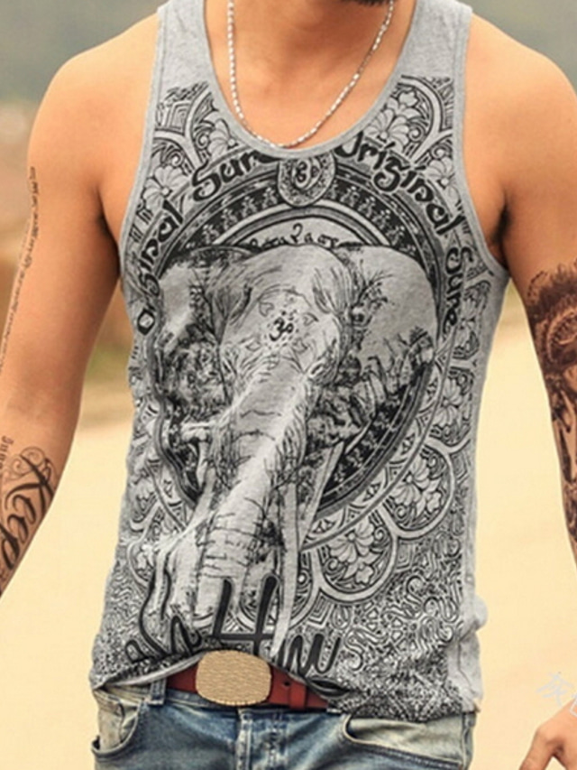  Men's Tank Top Vest Shirt Graphic Elephant Plus Size Round Neck Daily Sports Print Sleeveless Slim Tops Cotton Active Muscle Slim Fit Workout White Blue Gray / Summer