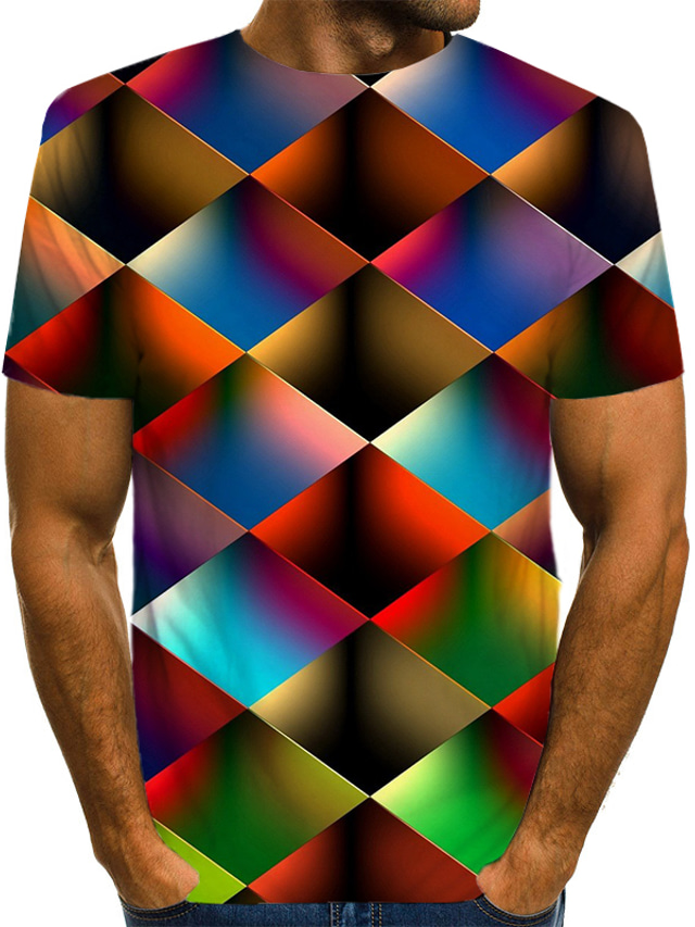  Men's Shirt T shirt Tee Tee Funny T Shirts Graphic Geometric Round Neck Rainbow Yellow Red Blue Rainbow 3D Print Plus Size Casual Daily Short Sleeve Print Clothing Apparel Streetwear Exaggerated