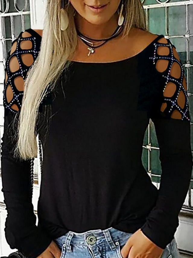  Femme Chemisier T shirt Tee Chemise Manches Longues Couleur Pleine Col Rond Usage quotidien Découpé Vêtements Strass basique Creux Vert Noir Bleu