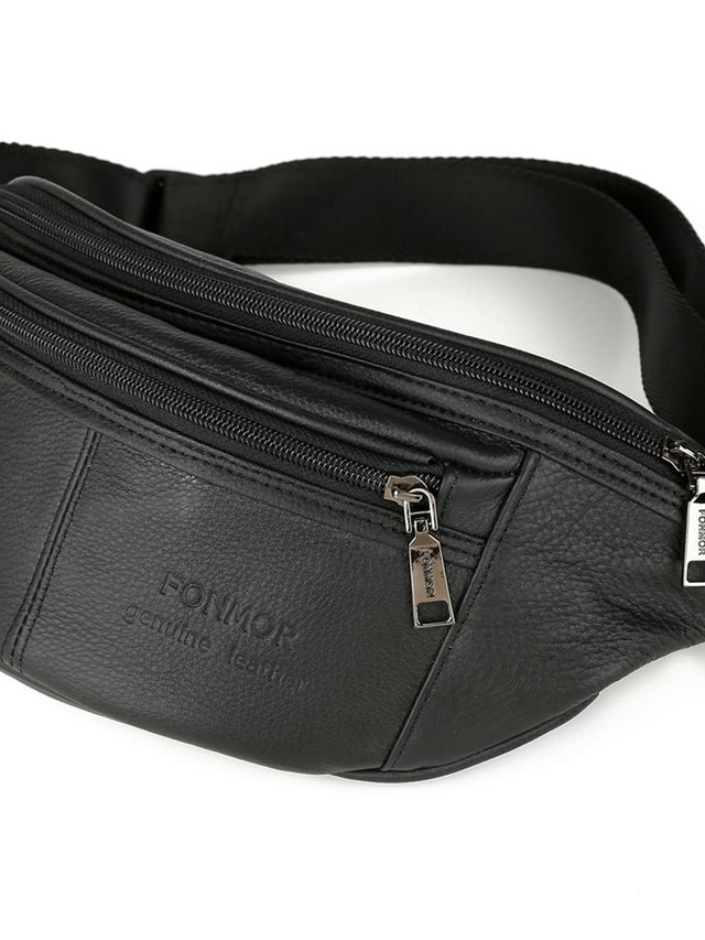  Men's Fanny Pack Nappa Leather Cowhide Daily Zipper Solid Color Black