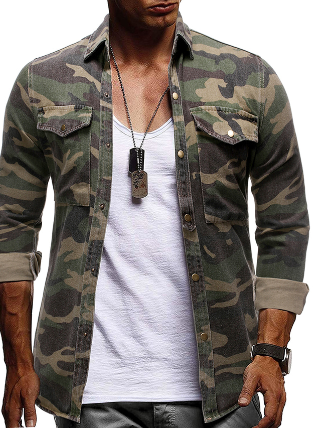  Men's Shirt Denim Shirt Camo / Camouflage Collar Button Down Collar Army Green Street Causal Long Sleeve Clothing Apparel Denim Basic Elegant Casual Daily