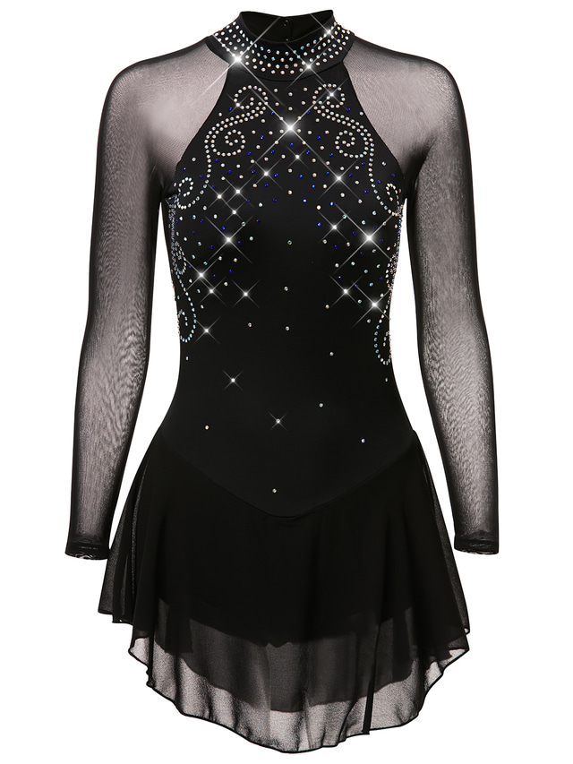  Figure Skating Dress Women's Girls' Ice Skating Dress Outfits Black Mesh Spandex High Elasticity Practice Professional Competition Skating Wear Anatomic Design Quick Dry Handmade Classic Crystal