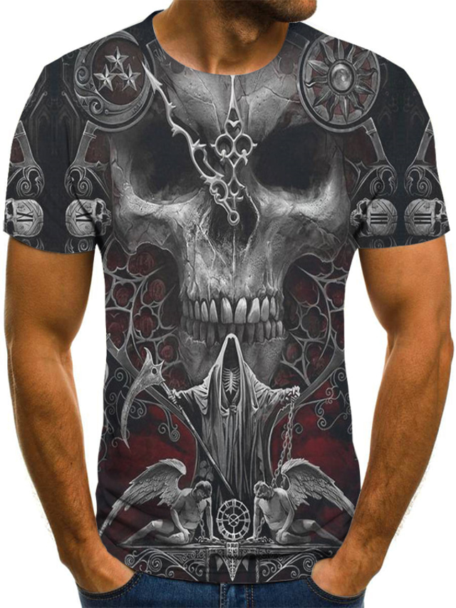 Men's T shirt Tee Shirt Designer Streetwear Exaggerated Summer Short Sleeve Gray Graphic Geometric 3D Skull Print Plus Size Round Neck Daily Going out Pleated Print Clothing Clothes Designer