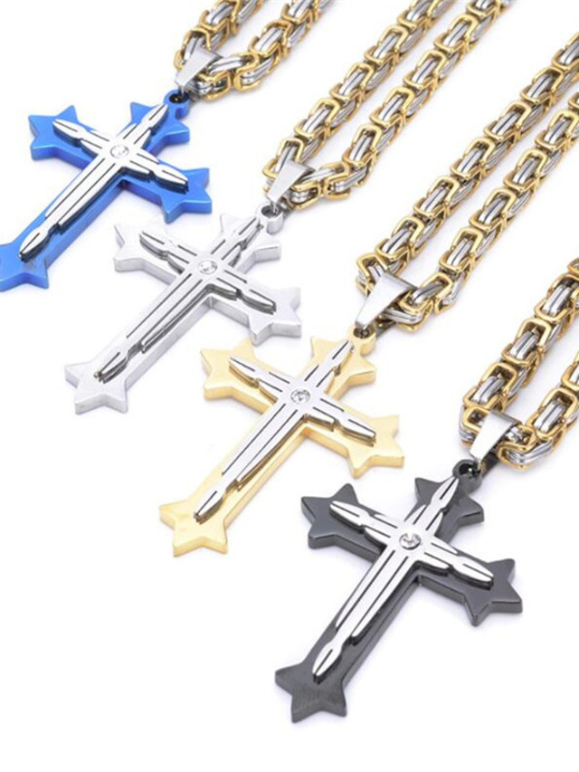  Pendant Necklace Long Necklace For Men's Party Street Gift Stainless Steel Titanium Steel Long Byzantine Cross Crucifix