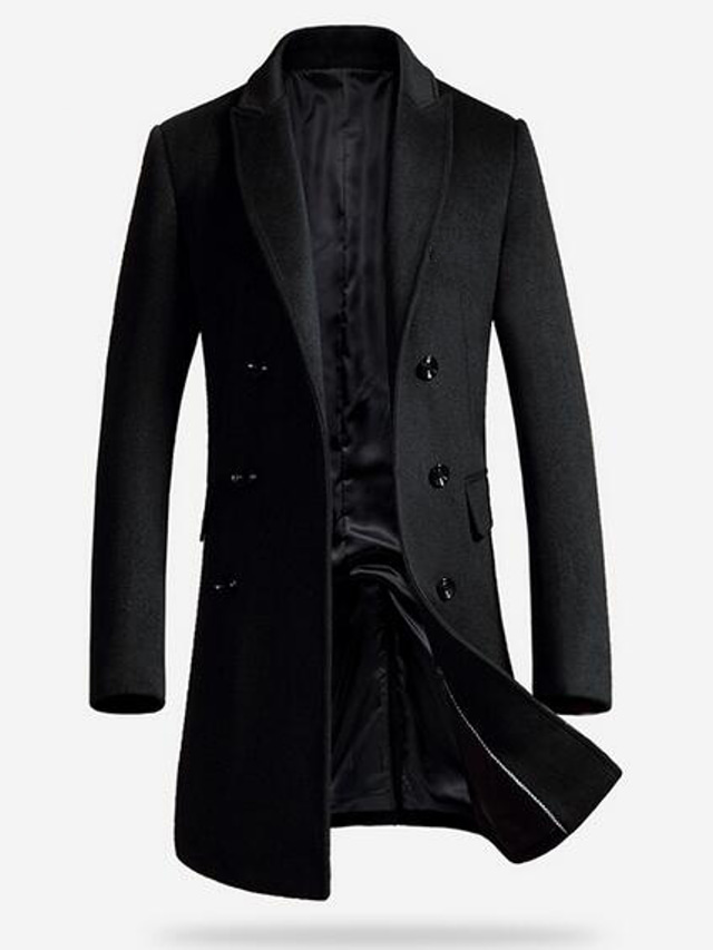  Men's Wool Coat Overcoat Trench Coat Winter Long Wool Woolen Solid Colored Daily Weekend Black Gray