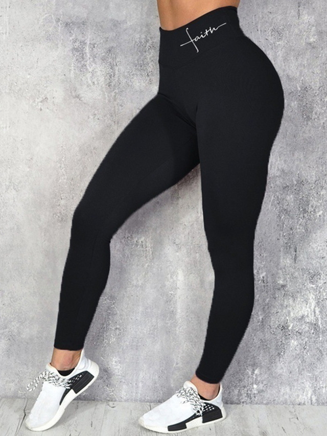  Women's Skinny Leggings Pure Color Letter Print Sporty Basic Yoga Daily Sports Gym Stretchy High Elasticity Solid Colored Letter Mid Waist Black Blue Gray S M L