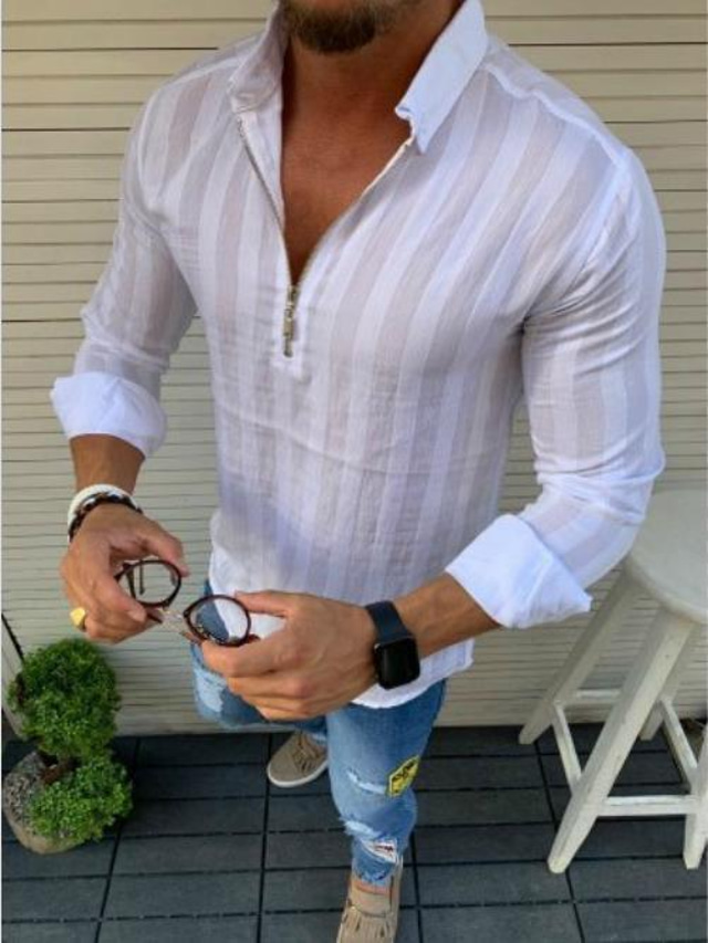  Camisa masculina gola listrada camisa gola escritório/carreira causal blusas de manga longa simples básico casual diário confortável branco preto vermelho camisa de verão confortável