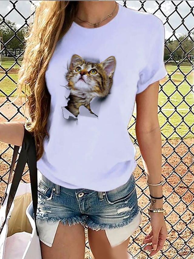  Women's Daily T shirt Tee Graphic Short Sleeve 3D Print Round Neck Basic Tops Panda Brown S / Summer