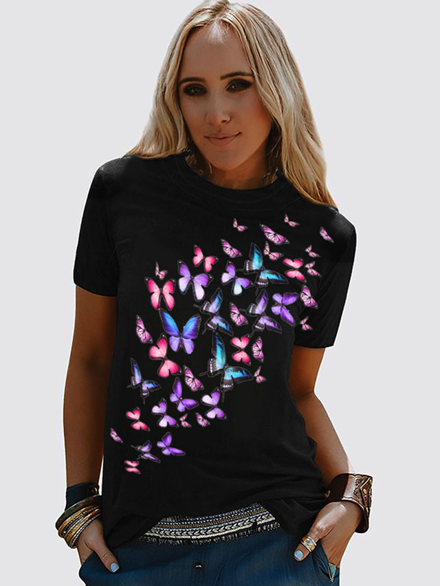  Γυναικεία Μπλουζάκι Πεταλούδα Γραφικά Σχέδια Στρογγυλή Λαιμόκοψη Βασικό Άριστος Φαρδιά Μαύρο / 3D εκτύπωση