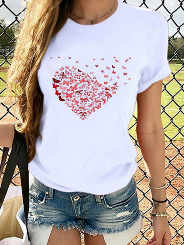  Damen T Shirt Design Heißprägen Herz Grafik-Drucke Print Design Kurzarm Rundhalsausschnitt Täglich Kleidung Design Katze Weiß Purpur