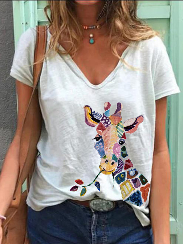  Naisten T-paita Suunnittelija Kesä Lyhythihainen Design Eläin 3D-tulostus V kaula-aukko Päivittäin Painettu Vaatteet Vaatteet Suunnittelija Perus Apila Valkoinen Uima-allas