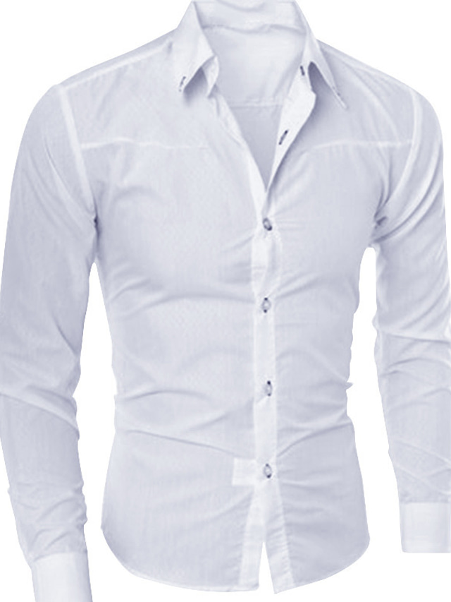  Camisa de hombre de color sólido con cuello abotonado para trabajo diario, tops de manga larga, camisas básicas de vestir de trabajo de vino blanco y negro