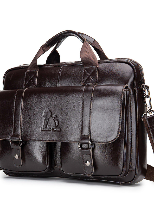  Men's Shoulder Messenger Bag Laptop Bag Briefcase Nappa Leather Formal Office & Career Belt Zipper Light Coffee Black